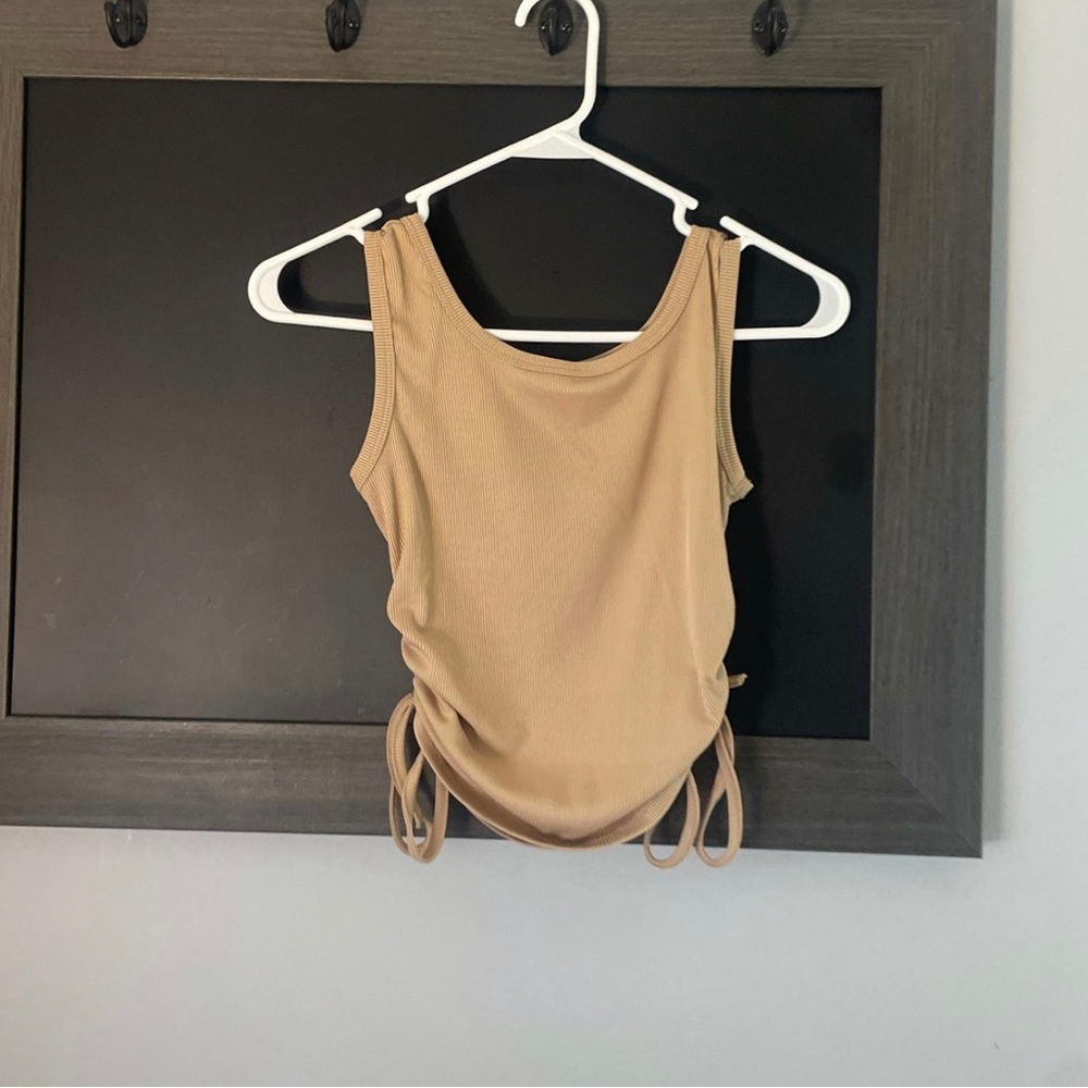 shein tan ribbed side drawstring crop tank